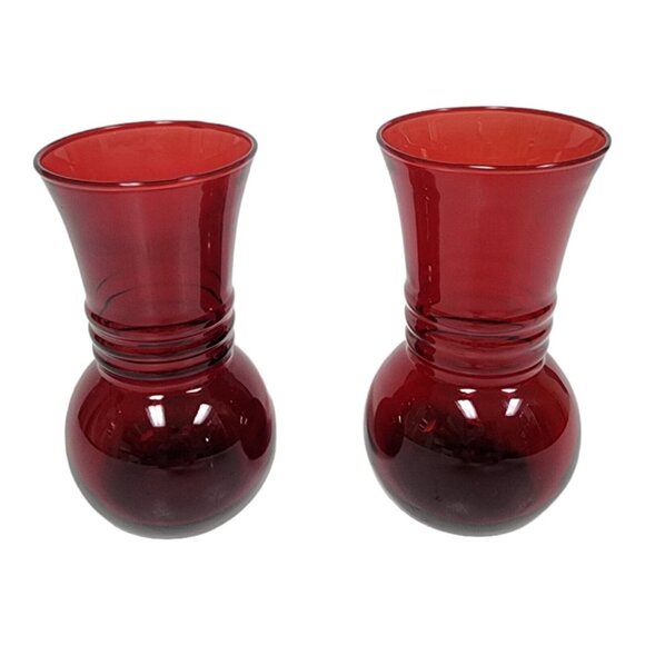 Anchor Hocking Royal Ruby Red Bud Vase Set 6 3/4" Ribbed Neck Romantic 30s Decor - Picture 2 of 14